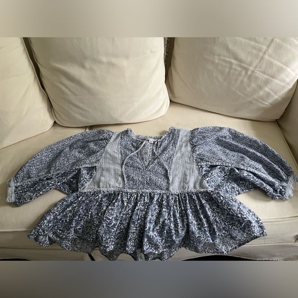 Blue and white peasant blouse